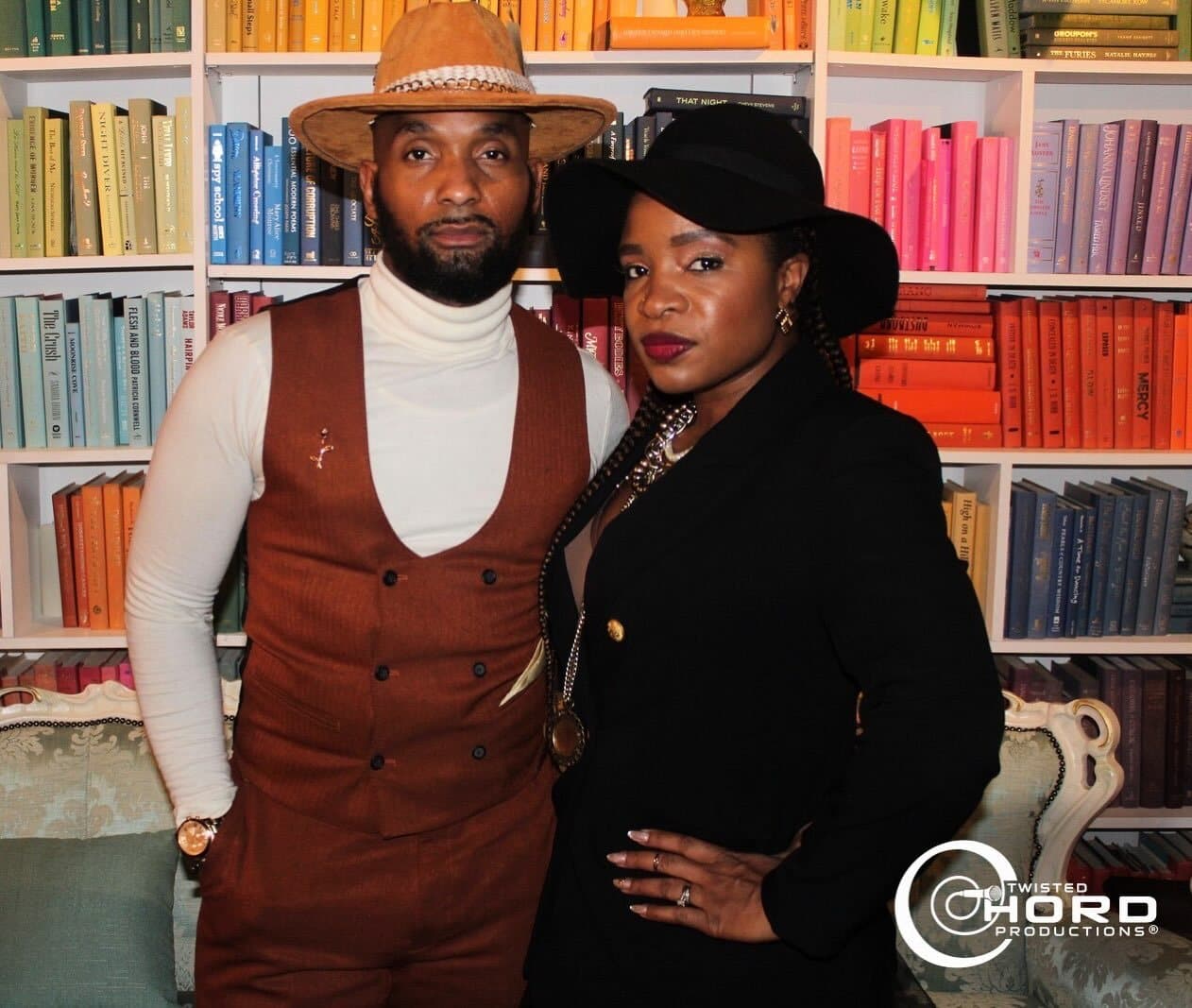Styled couple portrait in a library